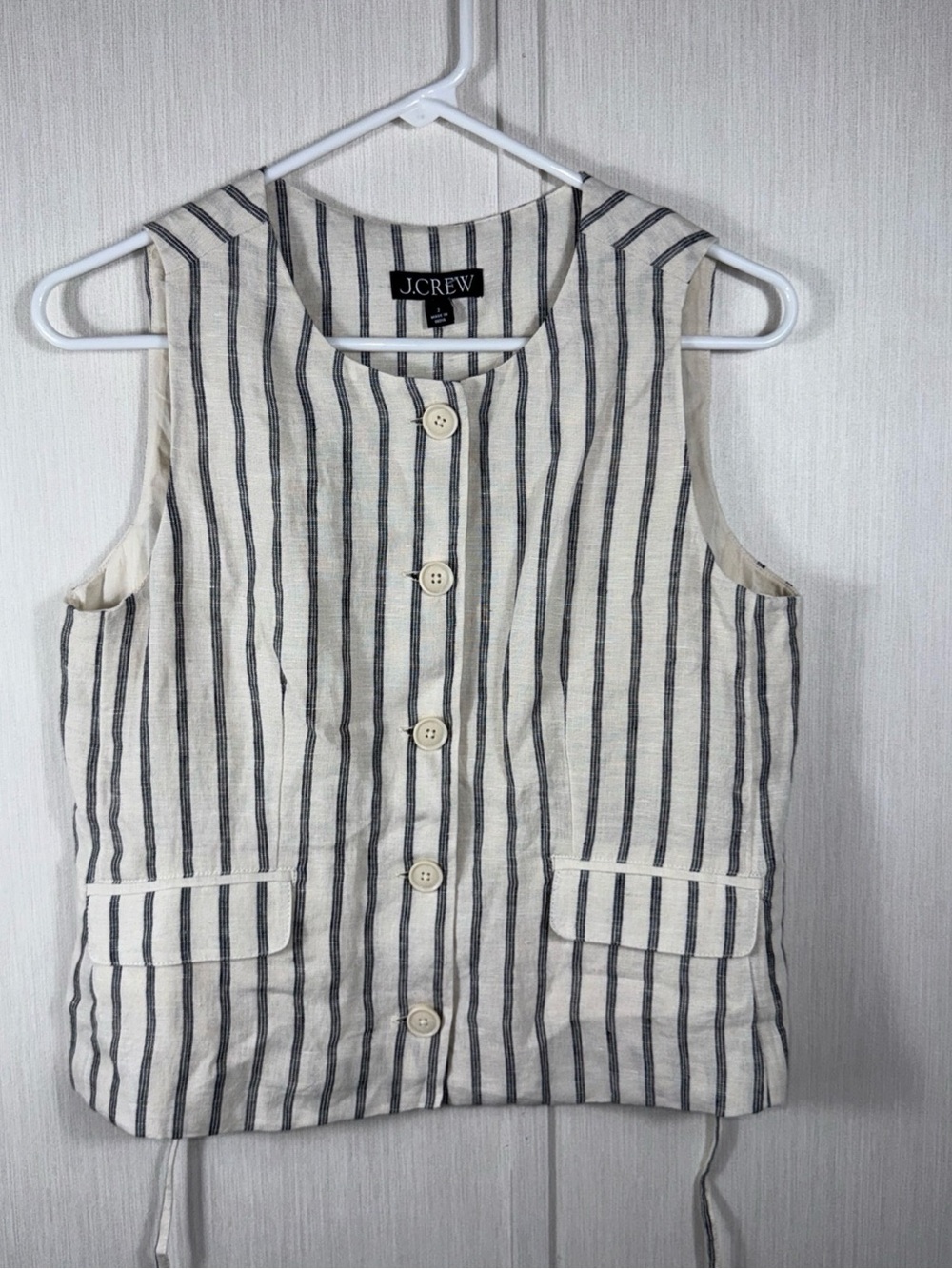 NWT J.Crew Linen Striped Vest Women 2 Cream Blue Button Front Tailored